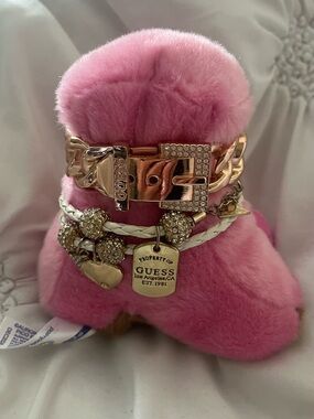 GUESS Gold-Tone Logo Charm Bracelet Set with White Braided and Pink Accents